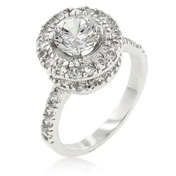 Genuine Rhodium Plated Engagement Ring with Prong Set Clear CZ Centerstone and Accent Stones in Silvertone - Size 10