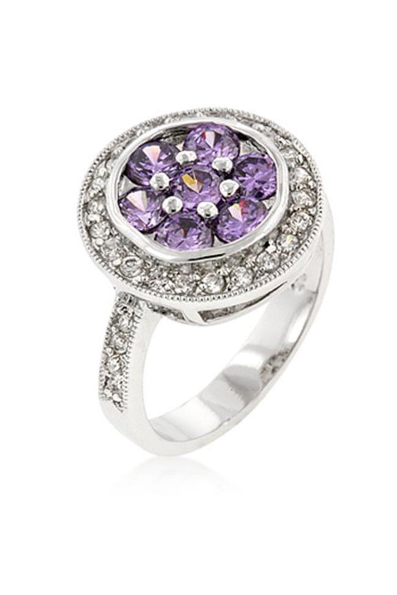 Genuine Rhodium Plated Fashion Ring with Amethyst CZ Center and Clear CZ Outer Layer in Silvertone - Size 8