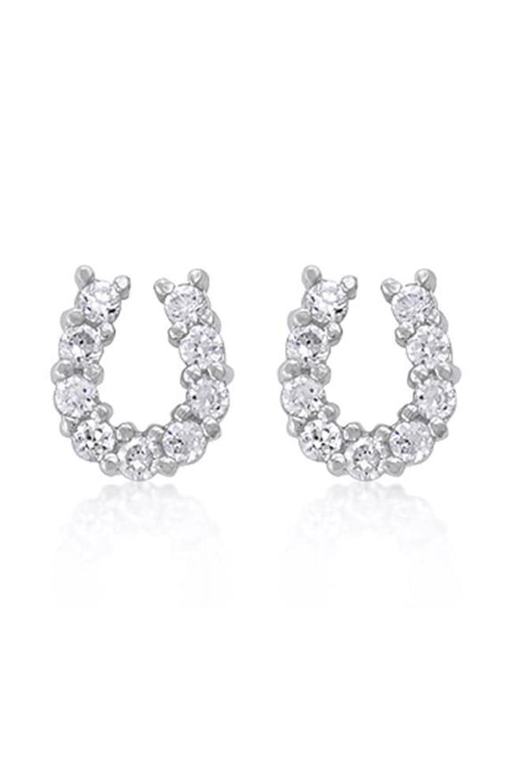 Genuine Rhodium Plated Horseshoe Stud Earrings with Prong Set Round Cut Clear Cubic Zirconia in Silvertone