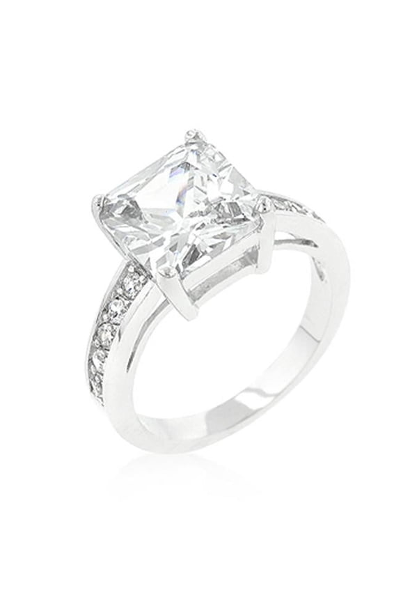 Genuine Rhodium Plated Raised Pave Engagement Ring Featuring a 10 mm Princess Cut Center Stone and 2 mm Side Stones in Silvertone - Size 10