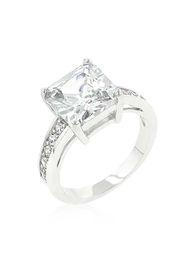 Genuine Rhodium Plated Raised Pave Engagement Ring Featuring a 10 mm Princess Cut Center Stone and 2 mm Side Stones in Silvertone - Size 8