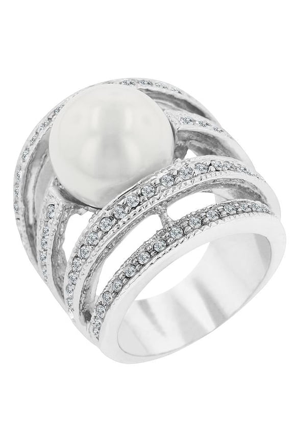 Genuine Rhodium Plated Right-hand Fashion Ring with Shell Pearl and Round Cut Clear CZ in a Channel Setting in Silvertone- Size 6