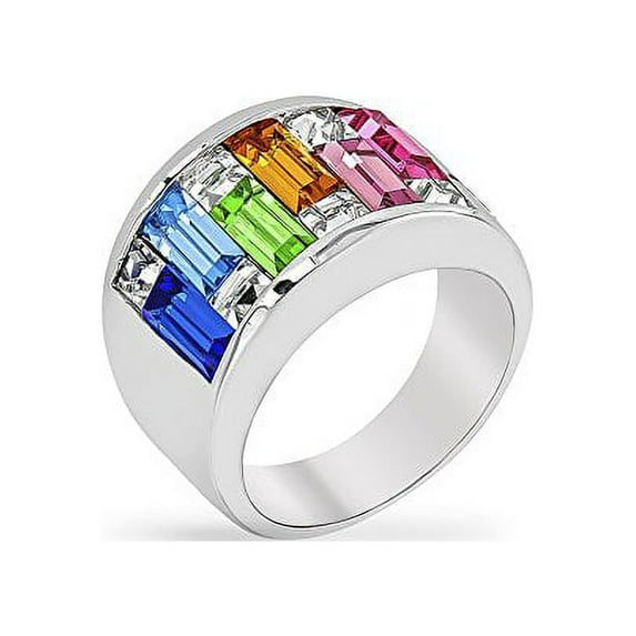 Genuine Rhodium Plated Ring Light Multi-Color Alternated Princess and Baguette Cut Crystal Size 5