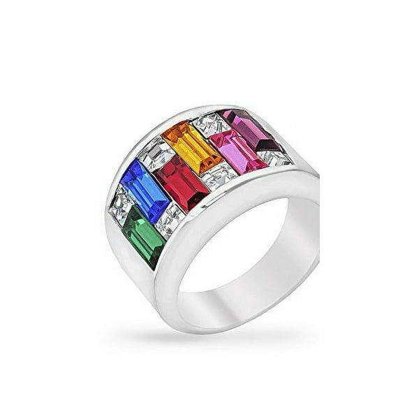 Genuine Rhodium Plated Ring with Dark Multi-Color Alternated Princess and Baguette Cut Crystal Size 7