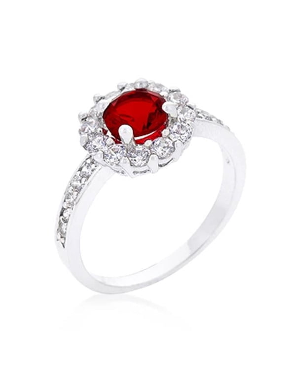 Genuine Rhodium Plated Ruby Red Halo Engagement Ring Featuring 2.1 Carats of Cubic Zirconia in Silvertone - Size 8