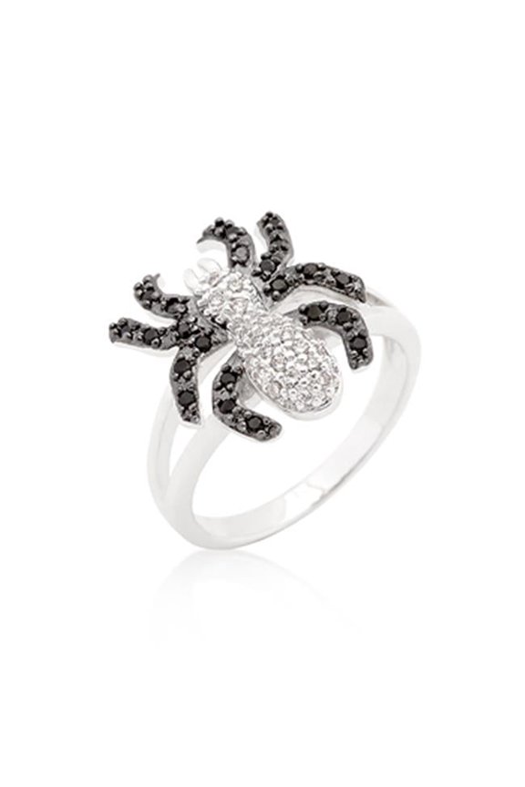 Genuine Rhodium Plated Spider Ring with Jet Black and Clear Cubic Zirconia in Pave Setting in Silvertone - Size 8