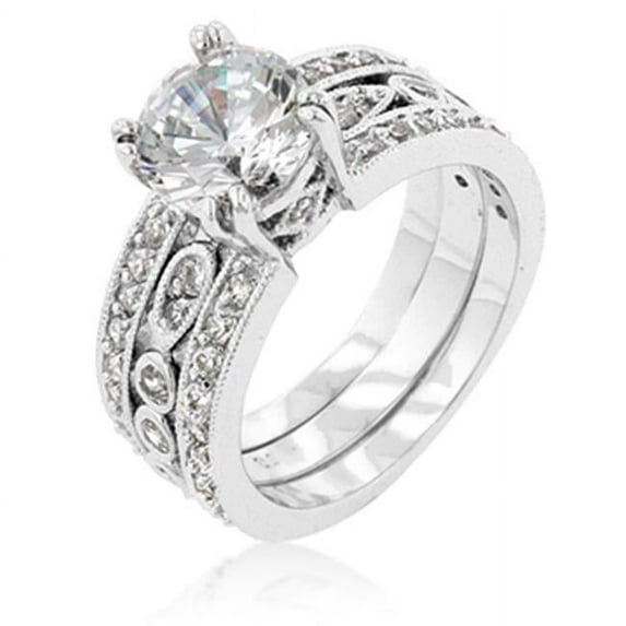 Genuine Rhodium Plated Triple Row Anniversary Ring with Round Cut Clear CZ in Silvertone - Size 9