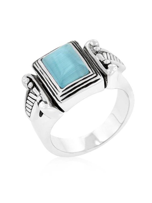 Genuine Rhodium Plated Vintage Ring with Blue Cats Eye Center Stone and Antique Accents in Silvertone - Size 11