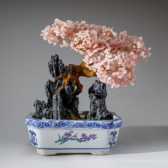 Genuine Rose Quartz Gemstone Bonsai Tree in Squarel Ceramic Pot (13")