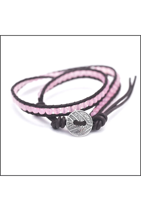 Genuine Rose Quartz - Semi Precious Stones and Leather Wrap Bracelet