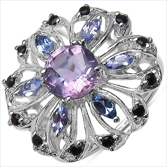 Genuine Round Amethyst, Tanzanite and Black Spinel Ring in Sterling Silver - Size 7.00