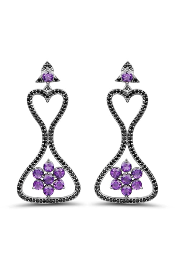 Genuine Round Amethyst and Black Spinel Earrings in Sterling Silver