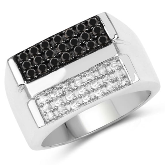 Genuine Round Black Diamond and Diamond Ring in Sterling Silver - Size 9.00