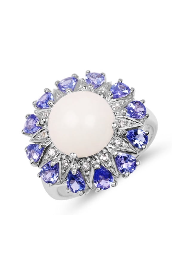 Genuine Round Ethiopian Welo Opal, Tanzanite and White Topaz Ring in Sterling Silver - Size 6.00