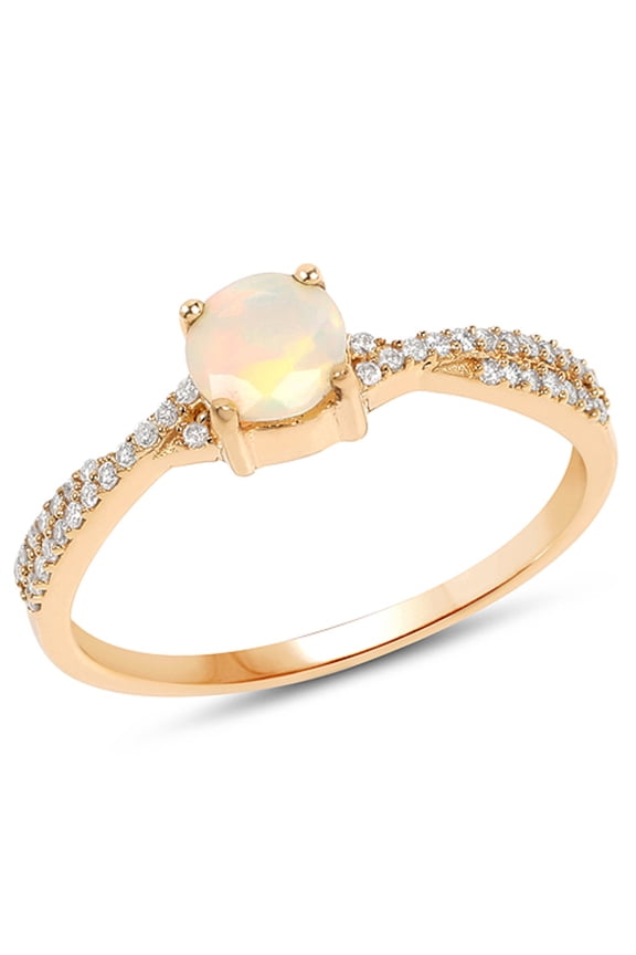 Genuine Round Ethiopian Welo Opal and Diamond Ring in 14k Yellow Gold - Size 7.00