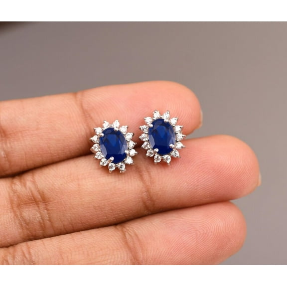 Genuine Royal Blue Sapphire Stud earring- Halo Sapphire earrings, Blue Bridal Earring Oval Sapphire Earring, Jewelry For Women Gifts For Her