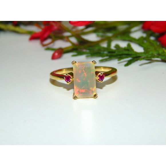 Genuine Ruby Round And Real Lab-Grown Fire Opal Occasion Shape Ring in 925 Sterling Silver ,White Gold Plated Fire Opal Engagement Rings