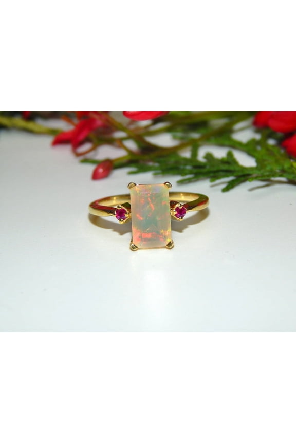 Genuine Ruby Round And Real Lab-Grown Fire Opal Occasion Shape Ring in 925 Sterling Silver ,Yellow Gold Plated Rings