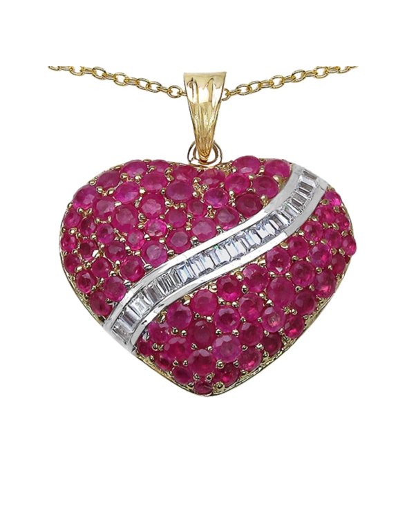 Genuine Ruby and White Topaz Heart Pendant Necklace 4.67 Carat in 14k Yellow Gold Plating