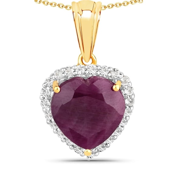 Genuine Ruby and White Topaz Heart Pendant Necklace 7.11 Carat in 18k Yellow Gold Plating For Her