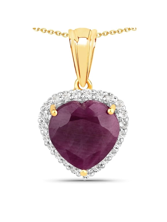 Genuine Ruby and White Topaz Heart Pendant Necklace 7.11 Carat in 18k Yellow Gold Plating For Her