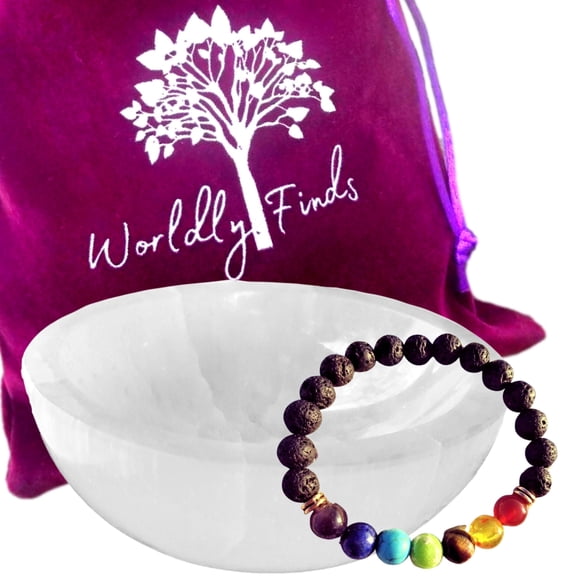 Genuine Selenite Charging Bowl & BONUS Crystal Bracelet - Polished Thickly Hand-Carved, Moroccan Crystal Holder