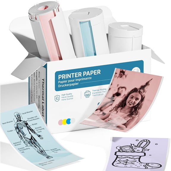 Genuine Self-Adhesive Thermal Printer Stickers, 54mmx3.2m Sticker Paper, Compatible with PM290 Mini Sticker Printer, Continuous Form Labels for Journal, Study, Photo, 3 Rolls, Blue/Pink/Purple