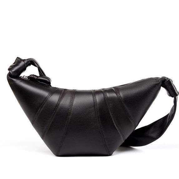 Genuine Sheepskin Women Hobo Bag, Black Wrinkled Leather Crescent Shoulder Bag