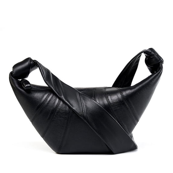 Genuine Sheepskin Women Hobo Bag, Black Wrinkled Leather Crescent Shoulder Bag