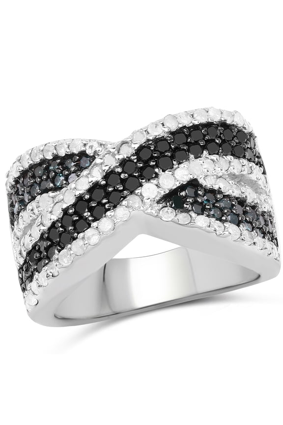 Genuine Single cut round Blue Diamond, Diamond and Black Diamond Ring in Sterling Silver - Size 7.00
