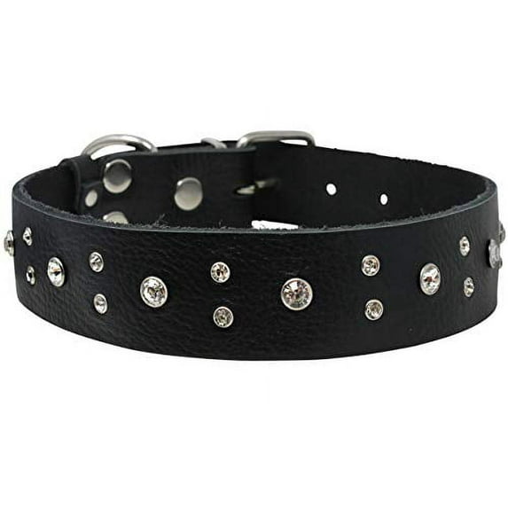 Genuine Soft Black Leather Crystal Glass Rhinestone Studded Dog Collar 7 Sizes (Neck: 18"-21.5"; 1.5 " Wide)