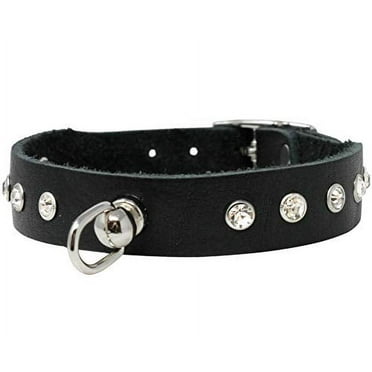 Genuine Soft Black Leather Crystal Glass Rhinestone Studded Dog Collar 7 Sizes (Neck: 7.5"-8.75"; 5/8" Wide)