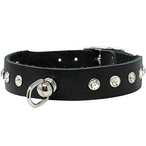 Genuine Soft Black Leather Crystal Glass Rhinestone Studded Dog Collar 7 Sizes (Neck: 7.5"-8.75"; 5/8" Wide)