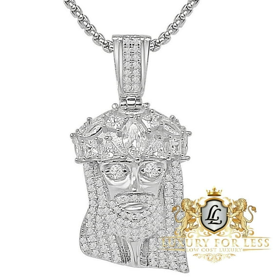 Genuine Sterling Silver Simulated Diamond Jesus Face Piece Charm Pendent 1.75''