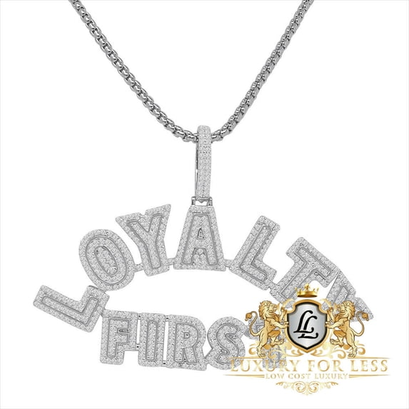 Genuine Sterling Silver Simulated Diamond LOYALTY FIRST Pendant Charm Chain Set Over 10K White Gold Finish