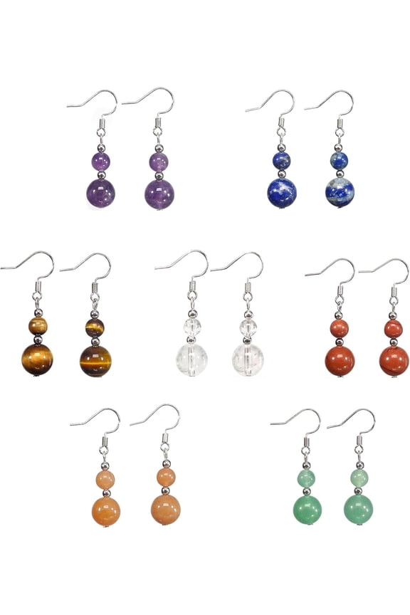 Genuine Stone Beaded Earrings 7 Pairs Dangle Earrings Chakra Earring Healing Crystal Lightweight Colorful Gemstone Earrings Gifts for Women Mom