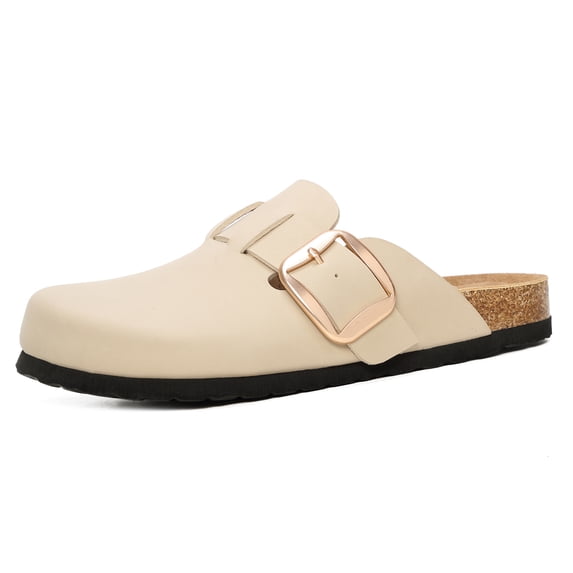 100% Genuine Leather Clogs for Women, Comfort Cork Footbed Mules with Arch Support, Adjustable Big Buckle Slip-On Potato Shoes for Indoor Outdoor