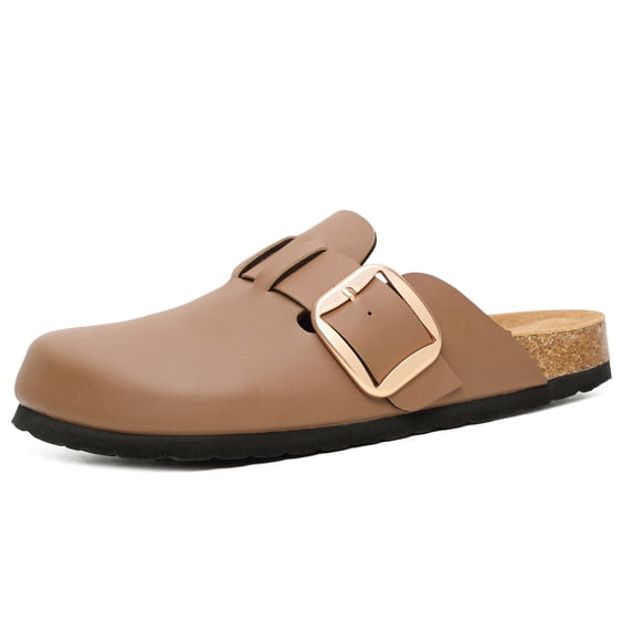 100% Genuine Leather Clogs for Women, Comfort Cork Footbed Mules with Arch Support, Adjustable Big Buckle Slip-On Potato Shoes for Indoor Outdoor