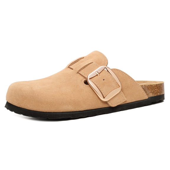 100% Genuine Leather Clogs for Women, Comfort Cork Footbed Mules with Arch Support, Adjustable Big Buckle Slip-On Potato Shoes for Indoor Outdoor
