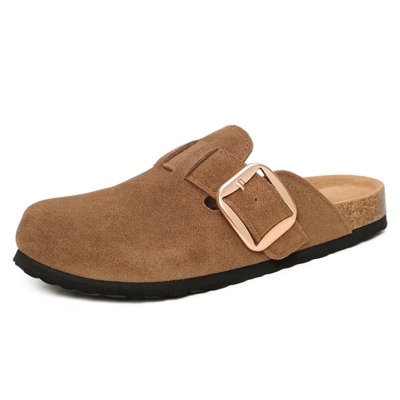 Genuine Suede Clogs for Women, Comfort Cork Footbed Mules with Arch Support, Adjustable Big Buckle Slip-On Potato Shoes for Indoor Outdoor