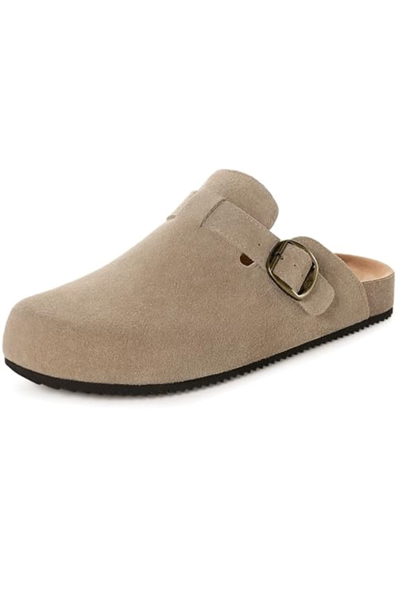 Genuine Suede Leather Clogs for Womens Mens Slip on Mules Antislip Cork Sandals with Arch Support Potato Shoes Buckle Sand