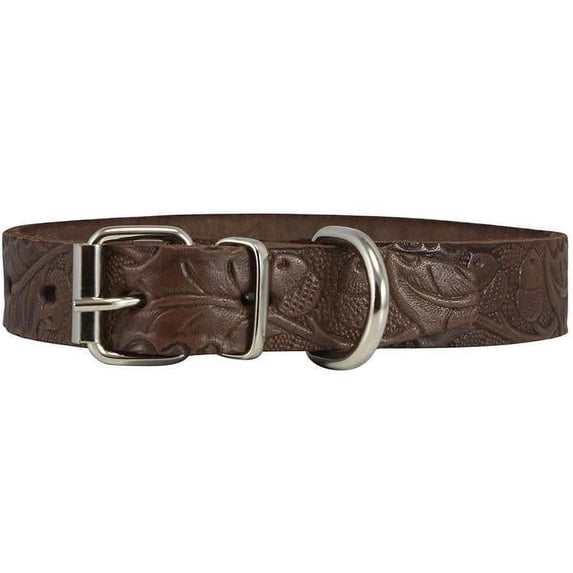 Genuine Tooled Leather Dog Collar Floral Pattern Brown 3 Sizes (Neck Circumf: 10.5"-14"; 1" Wide)
