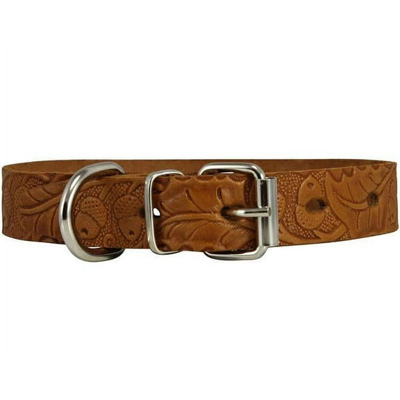 Genuine Tooled Leather Dog Collar Floral Pattern Tan 3 Sizes (Neck Circumf: 13"-17"; 1.2" Wide)