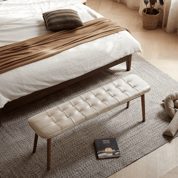Genuine Top-Grain Leather Upholstered Bench  Solid Oak Wood Frame End of Bed Bench for Bedroom, Dining, or Farmhouse  17.5 Height, 400lb Capacity, Easy Assembly (Off White+Walnut)
