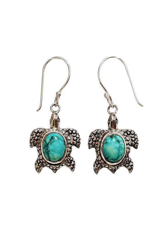 Sterling Silver Turquoise Turtle Drop Earrings for Women Handmade Balinese Jewelry