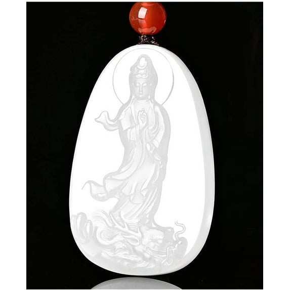 Genuine White Emerald Jade Dragon Kwan Yin Guan Yin Goddess of Mercy Bodhisattva Buddha Necklace Amulet Pendant(Certificate,Handcarved)