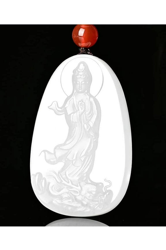 Genuine White Emerald Jade Dragon Kwan Yin Guan Yin Goddess of Mercy Bodhisattva Buddha Necklace Amulet Pendant(Certificate,Handcarved)