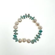 MGR MY GEMS ROCK! Genuine White Freswater Pearl & Genuine Peruvian Amazonite Stretch Bracelet for Women