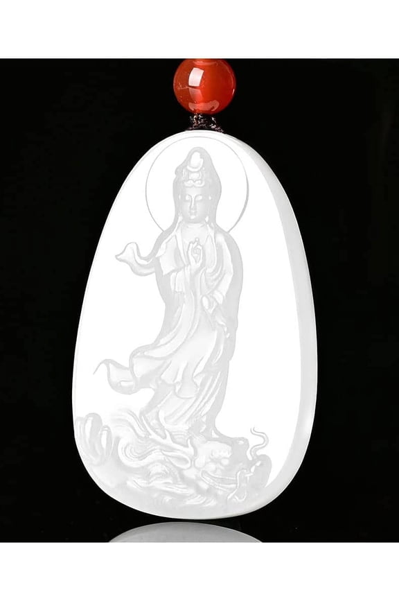 Genuine White Jade Dragon Kwan Yin Guan Yin Goddess of Mercy Bodhisattva Buddha Necklace Amulet Pendant(Include Certificate)