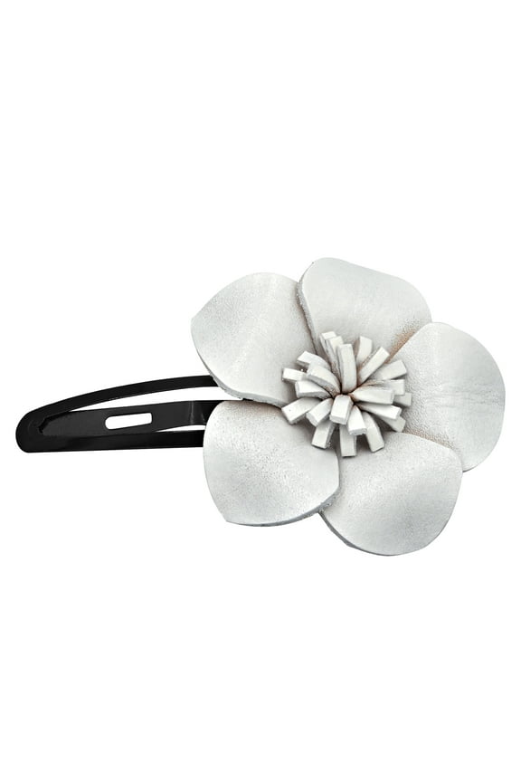 Genuine White Leather Sweet Azalea Flower Hair Barrette Pinch Clip